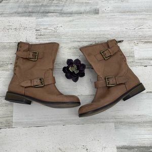 Steve Madden Tan Leather Red Zipper Mid Calf Booties Buckles